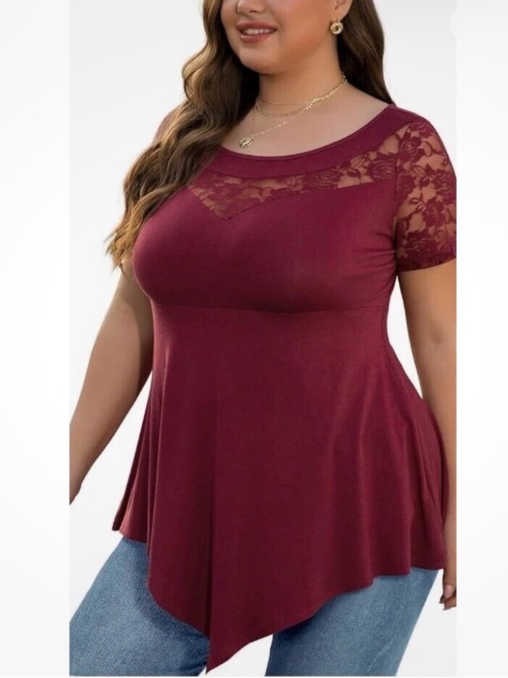 Shijiali Plus-Size Lace Yoke Asymmetrical Hem Tunic - Wine